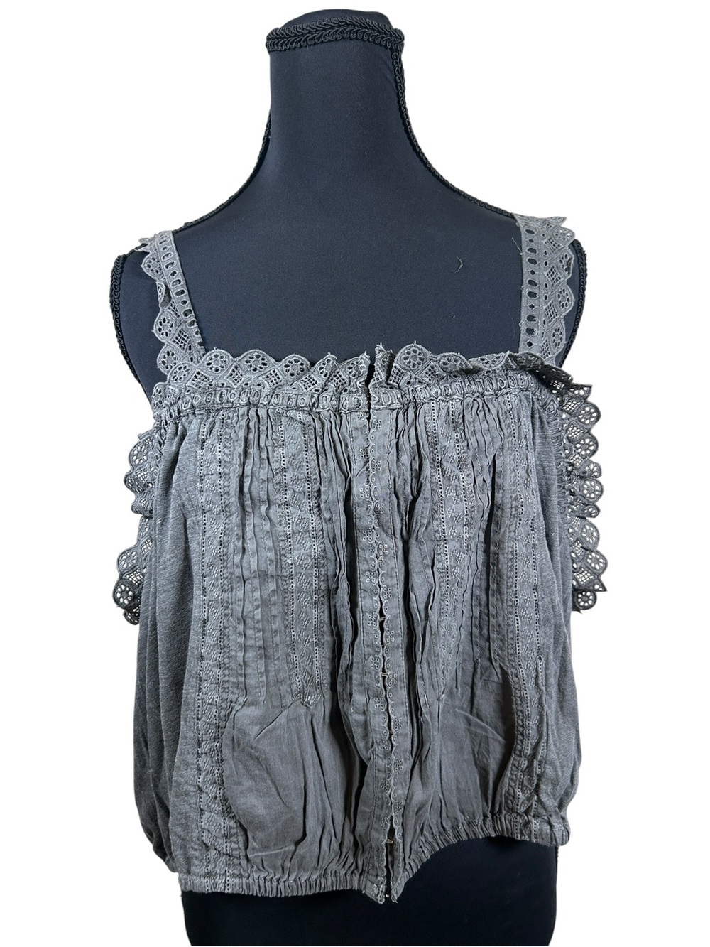 Lucky Brand Pleated Bubble Washed Black Lace-Trim Pintuck Smocked Tank Size XXL
